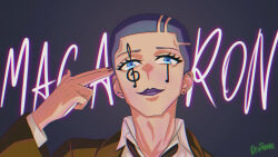Rule 34 | 1boy, 1girl, absurdres, artist name, black hair, black nails, blue eyes, blue hair, brown jacket, buzz cut, collared shirt, drintrava, earrings, english text, facial mark, facial tattoo, female focus, finger gun, formal, hand up, highres, jacket, jewelry, lipstick, long hair, long sleeves, looking at viewer, makeup, male focus, margarette macaron, mashle, nail polish, necktie, open mouth, piercing, purple hair, purple lips, purple nails, salute, shirt, short hair, simple background, smile, solo, suit, tagme, tattoo, teeth, trap, twitter username, two-finger salute, upper body, very short hair, white shirt