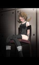 Rule 34 | 1girl, absurdres, ahoge, arms behind back, bare arms, black border, black shirt, black thighhighs, blush, border, bottomless, bound, bound legs, bound wrists, brown eyes, brown hair, collarbone, creatures (company), crying, crying with eyes open, gagged, game freak, half-closed eyes, highres, indoors, letterboxed, long hair, long sleeves, looking down, low twintails, lyra (pokemon), messy hair, nintendo, no panties, pokemon, pokemon hgss, shirt, sitting, sleeveless, sleeveless shirt, solo, tears, thighhighs, tsukishiro saika, twintails, v-shaped eyebrows