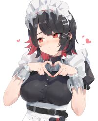 1girl absurdres black_hair blush breasts closed_mouth commentary ellen_joe fingernails hair_ornament heart heart_hands highres looking_to_the_side maid maid_headdress medium_breasts multicolored_hair nail_polish puffy_short_sleeves puffy_sleeves rang_go red_eyes red_hair red_nails short_hair short_sleeves simple_background solo symbol-only_commentary two-tone_hair upper_body white_background x_hair_ornament zenless_zone_zero