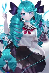Rule 34 | 1girl, absurdres, ahoge, alternate costume, aqua eyes, aqua hair, bare shoulders, black skirt, blush, bow, closed mouth, diamond-shaped pupils, diamond (shape), drill hair, eyeshadow, gwen (league of legends), hair bow, highres, holding, holding scissors, league of legends, long hair, looking at viewer, makeup, multicolored hair, neckerchief, off shoulder, open mouth, pink pupils, puppet strings, purple bow, purple eyeshadow, purple hair, red neckerchief, school uniform, scissors, serafuku, skirt, smile, solo, string, striped clothes, striped thighhighs, symbol-shaped pupils, teeth, thighhighs, tongue, twintails, upper teeth only, wellski, x-shaped pupils