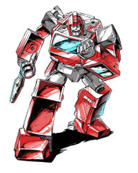 Rule 34 | 1980s (style), 1boy, artist request, autobot, blue eyes, clenched hands, full body, gun, highres, holding, holding gun, holding weapon, ironhide, looking at viewer, machine, machinery, male focus, mecha, no humans, oldschool, open mouth, outdoors, personification, retro artstyle, robot, simple background, solo, standing, transformers, weapon