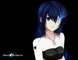 Rule 34 | 10s, 1girl, bare shoulders, black background, black rock shooter, black rock shooter (character), blue eyes, blue hair, blush, cross, dark, earrings, female focus, glowing, glowing eyes, highres, jewelry, long hair, matching hair/eyes, necklace, simple background, solo, star (symbol), strapless, tattoo, ushas
