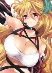 Rule 34 | 1girl, akina tsukako, bare shoulders, blonde hair, breasts, cleavage, large breasts, long hair, milla maxwell, purple eyes, red eyes, shirt, solo, tales of (series), tales of xillia, taut clothes, taut shirt, very long hair
