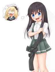 Rule 34 | 1girl, arm warmers, asashio (kancolle), black hair, blue eyes, comiching, commentary request, dressing, highres, jervis (kancolle), kantai collection, long hair, school uniform, shirt, short sleeves, simple background, skirt, solo, suspender skirt, suspenders, trolling, white background, white shirt