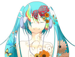 Rule 34 | 1girl, bakkasu, bug, butterfly, closed eyes, flower, gears, hatsune miku, headphones, bug, patterned, rainbow, smile, solo, twintails, vocaloid