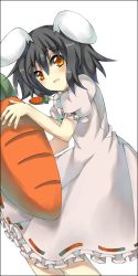 Rule 34 | 1girl, animal ears, black hair, blush, carrot, carrot necklace, cowboy shot, female focus, inaba tewi, jewelry, looking at viewer, necklace, pendant, puffy short sleeves, puffy sleeves, rabbit ears, shingetsu takehito, short hair, short sleeves, solo, standing, touhou