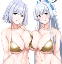 Rule 34 | 2girls, arms behind back, asymmetrical docking, bikini, blue archive, breast press, breasts, cleavage, collarbone, cyka, girls&#039; frontline, gold bikini, grey hair, grin, hair ornament, halo, highres, large breasts, linea alba, long hair, looking at viewer, mechanical halo, multiple girls, navel, noa (blue archive), open mouth, purple eyes, rpk-16 (girls&#039; frontline), short hair, simple background, smile, swimsuit, symmetrical docking, trait connection, upper body, very long hair, white background, white hair, yellow bikini
