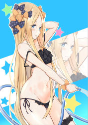 Rule 34 | 1girl, abigail williams (fate), arm up, bare arms, bare shoulders, bikini, black bikini, black bow, blonde hair, blue eyes, blush, bow, closed mouth, commentary request, fate/grand order, fate (series), groin, hair bow, heart, heart print, highres, holding, holding hose, hose, long hair, navel, orange bow, outline, parted bangs, parted lips, print bow, saku (kudrove), side-tie bikini bottom, star (symbol), strap slip, swimsuit, very long hair, water, white outline