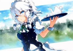 Rule 34 | 1girl, blue eyes, blue ribbon, blue vest, bow, bowtie, braid, commentary request, cup, green bow, green bowtie, highres, holding, holding tray, izayoi sakuya, long hair, looking at viewer, maid, maid headdress, open mouth, puffy short sleeves, puffy sleeves, qqqrinkappp, ribbon, shirt, short sleeves, solo, teacup, teapot, touhou, traditional media, tray, twin braids, upper body, vest, white hair, white shirt, wrist cuffs