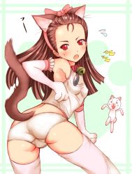 Rule 34 | 00s, 1girl, animal ears, animal hands, armpits, ass, bell, blush, bow, breasts, brown hair, cameltoe, camisole, cat ears, cat tail, collar, detached sleeves, elbow gloves, fake animal ears, fang, flat chest, forehead, gloves, hair bow, hairband, idolmaster, idolmaster (classic), idolmaster 1, long hair, looking back, minase iori, neck bell, open mouth, panties, red eyes, shiina you (tomoshibi), small breasts, solo, surprised, sweatdrop, tail, thighhighs, underwear