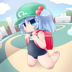 Rule 34 | 1girl, :&gt;, backpack, bad id, bad pixiv id, bag, bare shoulders, barefoot, blue eyes, blue hair, bow, building, chibi, cloud, day, dutch angle, female focus, hair bobbles, hair bow, hair ornament, hat, highres, kawashiro nitori, long hair, matching hair/eyes, no nose, one-piece swimsuit, oneb (daidokoro), randoseru, road, school swimsuit, smile, solo, street, swimsuit, touhou, twintails, two side up