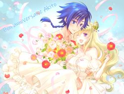 Rule 34 | 1boy, 1girl, ;d, backlighting, blue eyes, blue hair, blue sky, bouquet, breasts, carrying, character name, cleavage, code geass, code geass: boukoku no akito, collar, collarbone, cone hair bun, couple, day, dress, floating hair, flower, french text, hair between eyes, hair bun, hair ornament, happy birthday, holding, holding bouquet, holding flower, hyuuga akito, komaichi, large breasts, leila malcal, long hair, one eye closed, open mouth, outdoors, petals, ponytail, princess carry, purple eyes, red flower, single hair bun, sky, sleeveless, sleeveless dress, smile, strapless, strapless dress, very long hair, wedding dress, white dress, white flower