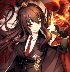 Rule 34 | black gloves, black vest, breasts, brown hair, buttons, cape, dolsig ilangnolja, fire, formal, fur trim, gloves, large breasts, library of ruina, long hair, long sleeves, necktie, project moon, red cape, red eyes, red necktie, shirt, suit, vest, white shirt, xiao (project moon)