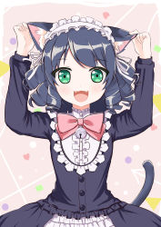 Rule 34 | + +, 1girl, :3, :d, absurdres, animal ears, arms up, beige background, bell, black dress, black hair, blush, bow, cat ears, cat girl, cat tail, circle, collar, commentary request, curly hair, cyan (show by rock!!), dress, frilled collar, frilled dress, frills, green eyes, hairband, hand on own ear, heart, highres, jingle bell, lolita hairband, long hair, long sleeves, looking at viewer, open mouth, pink bow, ribbon, show by rock!!, smile, solo, square, tail, tareme, triangle, upper body, white ribbon, xiaosamiao