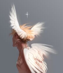 Rule 34 | 1boy, artist name, blonde hair, body fur, cross, earrings, feathered wings, from side, grey background, hashtag-only commentary, head wings, highres, jewelry, male focus, multiple wings, nude, oniroro, short hair, solo, star (sky), trigun, undercut, upper body, vash the stampede, wings