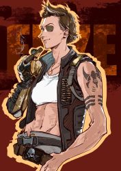 Rule 34 | 1girl, absurdres, apex legends, arm tattoo, belt, black belt, black eyes, breasts, brown belt, brown hair, chinese commentary, cigar, commentary, cropped shirt, english commentary, eyepatch, fuse (apex legends), genderswap, genderswap (mtf), grey hair, grey pants, hair behind ear, highres, holding, holding cigar, jewelry, lenjor, looking at viewer, mechanical arms, medium breasts, midriff, multicolored hair, navel, necklace, one eye covered, pants, shirt, short hair, single mechanical arm, skull and crossbones, smile, smoking, streaked hair, tattoo, white shirt