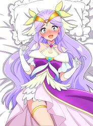 Rule 34 | 1girl, bed, bed sheet, blush, breasts, cure earth, dress, earrings, elbow gloves, embarrassed, fuurin asumi, gloves, hair ornament, healin&#039; good precure, heart, heart hair ornament, highres, imminent penetration, jewelry, kaatsu katsurou, long hair, looking at viewer, lying, magical girl, medium breasts, on bed, open mouth, pillow, pom pom (clothes), pom pom earrings, precure, purple dress, purple hair, solo, sweatdrop, thighlet, tiara, very long hair, white gloves