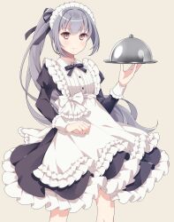 Rule 34 | 1girl, alternate costume, apron, black ribbon, blush, brown background, brown eyes, cowboy shot, dress, enmaided, frilled apron, frilled dress, frills, grey hair, highres, holding, holding tray, juliet sleeves, kantai collection, kasumi (kancolle), kukimaru, long hair, long sleeves, maid, maid apron, maid headdress, neck ribbon, puffy sleeves, ribbon, side ponytail, simple background, solo, tray, waist apron, white apron