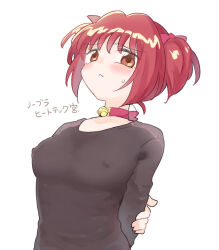 Rule 34 | 1girl, :&lt;, arm behind back, arm grab, bell, blush, brown eyes, commentary request, hs1122, jingle bell, looking at viewer, momomiya ichigo, nipples, no bra, pink hair, simple background, solo, sweatdrop, sweater, tokyo mew mew, translation request, upper body, white background