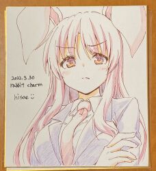 Rule 34 | 1girl, animal ears, artist name, breasts, colored pencil (medium), dated, english text, formal, highres, hisae (hisae collect), large breasts, long hair, looking at viewer, necktie, portrait, purple hair, rabbit ears, red eyes, red necktie, reisen udongein inaba, solo, suit, touhou, traditional media, upper body