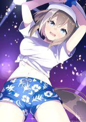 Rule 34 | 1girl, :d, absurdres, blue eyes, blue scrunchie, blue shorts, brown hair, cheval grand (umamusume), commentary request, from below, gaze on me! outfit (umamusume), hair between eyes, highres, horse girl, looking at viewer, midriff, multicolored hair, navel, official alternate costume, open mouth, partial commentary, purple background, sangria (sangria69), scrunchie, shirt, short hair, shorts, smile, solo, streaked hair, t-shirt, tied shirt, twitter username, umamusume, white hair, white headwear, white shirt, wrist scrunchie