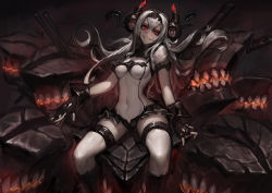 Rule 34 | 10s, 1girl, abyssal ship, air defense princess, black gloves, breasts, colored skin, crazy smile, crossed bangs, gloves, gods (1073337800), grin, hairband, highres, horns, kantai collection, long hair, no nipples, red eyes, sitting, smile, solo, white hair, white skin, wide hips