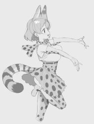 Rule 34 | 1girl, animal ear fluff, animal ears, armpit crease, bare shoulders, bow, bowtie, elbow gloves, extra ears, foot out of frame, from side, gloves, grey background, greyscale, high-waist skirt, highres, kemono friends, kona ming, leg up, looking ahead, miniskirt, monochrome, open mouth, outstretched arms, print bow, print bowtie, print gloves, print skirt, print thighhighs, serval (kemono friends), serval print, shirt, short hair, simple background, skirt, sleeveless, sleeveless shirt, smile, solo, standing, standing on one leg, tail, teeth, thighhighs, upper teeth only