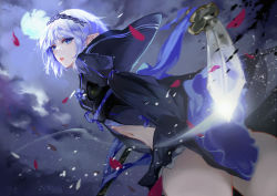 Rule 34 | 1girl, black skirt, blue eyes, blue hair, breasts, character request, cloud, copyright request, hairband, highres, katana, light particles, long sleeves, miniskirt, moon, navel, night, obi, parted lips, petals, pleated skirt, pointy ears, sash, skirt, sky, sleeves past fingers, sleeves past wrists, solo, sword, vardan, weapon