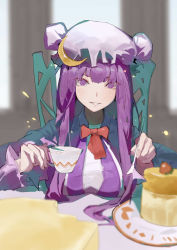 Rule 34 | 1girl, bow, bowtie, breast rest, breasts, chair, cherry, collared jacket, commentary, crescent, crescent hat ornament, cup, double bun, fish (red star child), food, fruit, hair bun, hat, hat ornament, holding, holding cup, holding spoon, jacket, long sleeves, looking at viewer, mob cap, on chair, open clothes, open jacket, parted lips, patchouli knowledge, plate, pudding, purple hat, purple jacket, red bow, red bowtie, shirt, smile, solo, spoon, touhou, upper body, white shirt