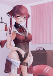 Rule 34 | 1girl, :o, ascot, belt, bikini, blush, breasts, brown belt, brown leotard, chest of drawers, cleavage, clothes hanger, clothes pull, covered navel, crop top, curtains, goggles, gold trim, hair ribbon, heterochromia, highres, hololive, houshou marine, indoors, innertube, large breasts, leotard, long hair, pulling own clothes, red eyes, red hair, red ribbon, ribbon, see-through, see-through cleavage, skirt, skirt pull, solo, swim ring, twintails, undressing, unworn bikini, unworn goggles, user pwgd7442, virtual youtuber, yellow eyes