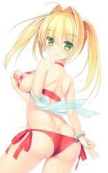 Rule 34 | 1girl, ahoge, ass, bikini, blonde hair, blush, bracelet, breasts, butt crack, closed mouth, earrings, fate/grand order, fate (series), from behind, green eyes, hair intakes, highres, jewelry, long hair, looking at viewer, looking back, medium breasts, nero claudius (fate), nero claudius (fate) (all), nero claudius (swimsuit caster) (fate), side-tie bikini bottom, sideboob, simple background, smile, solo, standing, striped bikini, striped clothes, swimsuit, twintails, umitonakai, v, white background