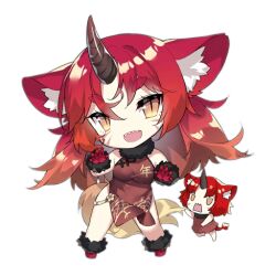 Rule 34 | 2girls, :d, animal ear request, animal ears, artist request, blush, blush stickers, brown dress, chibi, china dress, chinese clothes, claw pose, dragon print, dress, facial mark, fairy (girls&#039; frontline), full body, fur-trimmed collar, fur-trimmed footwear, fur-trimmed gloves, fur trim, girls&#039; frontline, gloves, hair between eyes, horns, long hair, looking at viewer, multiple girls, official art, open mouth, print dress, red footwear, red gloves, red hair, sharp teeth, simple background, single horn, slit pupils, smile, standing, tail, teeth, thick eyebrows, third-party source, transparent background, upper teeth only, v-shaped eyes, yellow eyes, zodiac fairy (girls&#039; frontline)