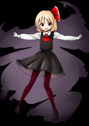 Rule 34 | 1girl, abe ranzu, ascot, blonde hair, dark, darkness, hair ribbon, outstretched arms, outstretched hand, pantyhose, red eyes, red pantyhose, ribbon, rumia, shoes, skirt, skirt set, smile, solo, spread arms, touhou
