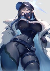 Rule 34 | 1girl, alternate costume, baseball cap, belt, black hair, black hat, black mask, blue archive, blue halo, bodysuit, breasts, buckle, chest belt, chest harness, coat, colored inner hair, covered navel, halo, harness, hat, highres, knife sheath, large breasts, long hair, looking at viewer, mask, mouth mask, multicolored hair, oboenikui namae, open clothes, open coat, saori (blue archive), sheath, snap-fit buckle, solo, taut clothes, white coat