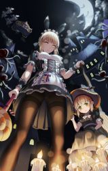Rule 34 | 2girls, absurdres, animal ears, apron, artoria pendragon (fate), black legwear, blonde hair, building, rabbit ears, candle, cloud, crescent moon, dress, fake animal ears, fate/grand order, fate (series), food, frilled dress, frills, green eyes, halloween, halloween costume, hat, highres, huge filesize, long hair, looking at viewer, lu (ssuel), maid, maid headdress, moon, multiple girls, night, night sky, outdoors, pantyhose, saber (fate), saber alter, sidelocks, sky, witch hat, yellow eyes