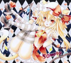 Rule 34 | 1girl, animal ears, argyle, argyle background, argyle clothes, ascot, ayuayu (chisuke ayu), bad id, bad pixiv id, bare shoulders, bell, blonde hair, cat ears, cat girl, cat tail, female focus, flandre scarlet, hat, kemonomimi mode, long hair, marker (medium), navel, panties, paw pose, red eyes, sample watermark, side ponytail, solo, striped clothes, striped panties, striped thighhighs, tail, thighhighs, touhou, traditional media, underwear, watermark, wings, wrist cuffs