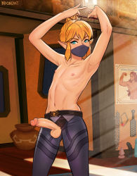 Rule 34 | 1boy, armpits, arms up, artist name, black mask, blue eyes, blush, butt plug, caustic crayon, collarbone, commentary, dildo, english commentary, erection, ganondorf, indoors, light beam, link, male focus, mask, mouth mask, navel, nintendo, official alternate costume, orange hair, pants, pectorals, penis, penis out, pointy ears, poster (object), pot, sex toy, sidelocks, solo, stealth set (zelda), testicles, the legend of zelda, topless male, trap, uncensored