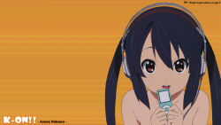 Rule 34 | 1girl, black hair, character name, digital media player, facing viewer, headphones, highres, ipod, k-on!, looking at viewer, nakano azusa, simple background, solo, tagme, twintails, wallpaper, yellow background
