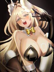 Rule 34 | 1girl, animal ears, black gloves, black leotard, blonde hair, blush, bow, bowtie, breasts, brown pantyhose, cleavage, detached collar, earrings, fake animal ears, fake tail, fang, gloves, goddess of victory: nikke, green eyes, hair ornament, highleg, highleg leotard, highres, jewelry, large breasts, leotard, long hair, looking at viewer, midushima, official alternate costume, open mouth, pantyhose, playboy bunny, ponytail, rabbit ears, rabbit tail, rupee (nikke), rupee (rabbit deluxe) (nikke), solo, strapless, strapless leotard, tail, v, yellow bow, yellow bowtie