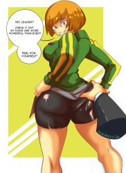 Rule 34 | 1girl, absurdres, ass, ass grab, bike shorts, breasts, crazy eyes, crazy smile, deep skin, disembodied hand, from behind, ghostnerdy, highres, jacket, large breasts, looking at viewer, looking back, orange eyes, orange hair, persona, persona 4, satonaka chie, shiny clothes, shiny skin, short hair, sideboob, skirt, smile, track jacket