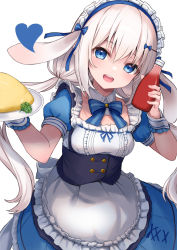 Rule 34 | 1girl, :d, absurdres, animal ears, apron, blue bow, blue dress, blue eyes, bottle, bow, breasts, commentary request, dress, floppy ears, food, frilled apron, frilled dress, frills, hair between eyes, hair bow, hair ornament, hairclip, hashiko nowoto, heart, highres, holding, holding bottle, holding plate, ketchup bottle, long hair, looking at viewer, low twintails, maid headdress, medium breasts, omelet, omurice, open mouth, original, plate, puffy short sleeves, puffy sleeves, rabbit ears, short sleeves, simple background, smile, solo, teeth, twintails, upper teeth only, very long hair, virtual youtuber, waist apron, white apron, white background, white hair