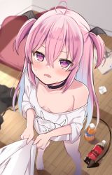 Rule 34 | 1girl, absurdres, bare legs, barefoot, breasts, choker, clothes grab, crying, demon girl, demon tail, downblouse, fang, from above, full body, highres, long hair, naked shirt, no bra, off shoulder, okiq, original, oversized clothes, oversized shirt, pink eyes, pink hair, pov, shirt, small breasts, soda bottle, tail, tears, two side up, white shirt, wooden floor