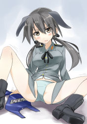 Rule 34 | 1girl, animal ears, black footwear, black ribbon, blue panties, blush, boots, brown hair, dog ears, dog tail, gertrud barkhorn, hair ribbon, long hair, military, military uniform, motion lines, name tag, one-piece swimsuit, open mouth, orange eyes, panties, ribbon, school swimsuit, sitting, solo, spread legs, strike witches, sweat, swimsuit, tail, twintails, underwear, uniform, world witches series, yuzuyoukan
