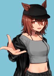 Rule 34 | 1girl, agnes tachyon (umamusume), alternate costume, animal ears, armpit crease, bare shoulders, baseball cap, black hat, black pants, blue background, breasts, brown hair, crop top, ears through headwear, grey shirt, hat, horse ears, horse girl, horse tail, long sleeves, looking at viewer, midriff, navel, nazuka (mikkamisaki), off-shoulder shirt, off shoulder, open mouth, orange eyes, outstretched arm, pants, reaching, reaching towards viewer, shirt, short hair, simple background, small breasts, smile, solo, tail, umamusume, upper body