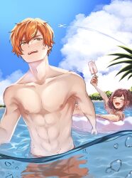 Rule 34 | 1boy, 1girl, abs, anger vein, brother and sister, brown hair, closed eyes, commentary request, food, highres, holding, holding food, holding popsicle, innertube, male swimwear, muscular, muscular female, nhrg806, open mouth, orange hair, orange male swimwear, popsicle, project sekai, shinonome akito, shinonome ena, short hair, siblings, swim ring, topless male