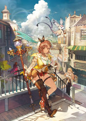 Rule 34 | 2boys, 2girls, asymmetrical legwear, atelier (series), atelier ryza, atelier ryza 2, boots, braid, breasts, brown eyes, brown hair, cleavage, cover, day, detached sleeves, fi (atelier), gloves, hair ornament, hairclip, hat, highres, klaudia valentz, lent marslink, multiple boys, multiple girls, official art, open clothes, open vest, outdoors, pouch, railing, reisalin stout, short hair, shorts, smile, stairs, tao mongarten, thigh pouch, thigh strap, thighhighs, thighs, toridamono, uneven legwear, vest