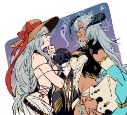 Rule 34 | 3girls, bare shoulders, black hair, braid, breast press, breasts, dark-skinned female, dark skin, detached sleeves, fang, fediel (granblue fantasy), granblue fantasy, grey hair, hands on own hips, hat, height difference, highres, horns, large breasts, lich (granblue fantasy), long hair, looking at another, magisa (granblue fantasy), magisa (summer) granblue fantasy, multiple girls, purple eyes, rani grb, shaded face, sun hat