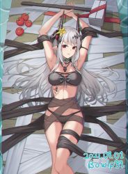 Rule 34 | 1girl, apple, arknights, armpits, arms up, artist name, bare arms, bikini, black bikini, black choker, bowlp, breasts, choker, chromatic aberration, cleavage, commentary request, dated, feet out of frame, flower, food, fruit, hair flower, hair ornament, hammer, highres, horns, infection monitor (arknights), jewelry, large breasts, long hair, looking at viewer, lying, material growth, mudrock (arknights), mudrock (silent night) (arknights), necklace, official alternate costume, on back, oripathy lesion (arknights), parted lips, partial commentary, pointy ears, red eyes, signature, silver hair, solo, stomach, swimsuit, thighs, water, weapon, yellow flower