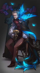 Rule 34 | 1boy, bug, butterfly, cane, closed mouth, coat of arms, double-breasted, facial hair, fate/grand order, fate (series), grey hair, grin, highres, bug, james moriarty (archer) (fate), leaning on object, long sleeves, looking at viewer, male focus, mustache, sitting, smile, solo, tef, vest