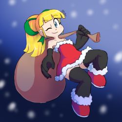 Rule 34 | 1girl, bag, bare shoulders, black gloves, black thighhighs, blonde hair, blue background, blue eyes, blunt bangs, boots, closed mouth, collarbone, dress, elbow gloves, full body, fupoo, gloves, gradient background, hair ribbon, mega man (classic), mega man (series), one eye closed, ponytail, red dress, ribbon, roll (mega man), smile, snowing, solo, strapless, thighhighs, thighs, wink
